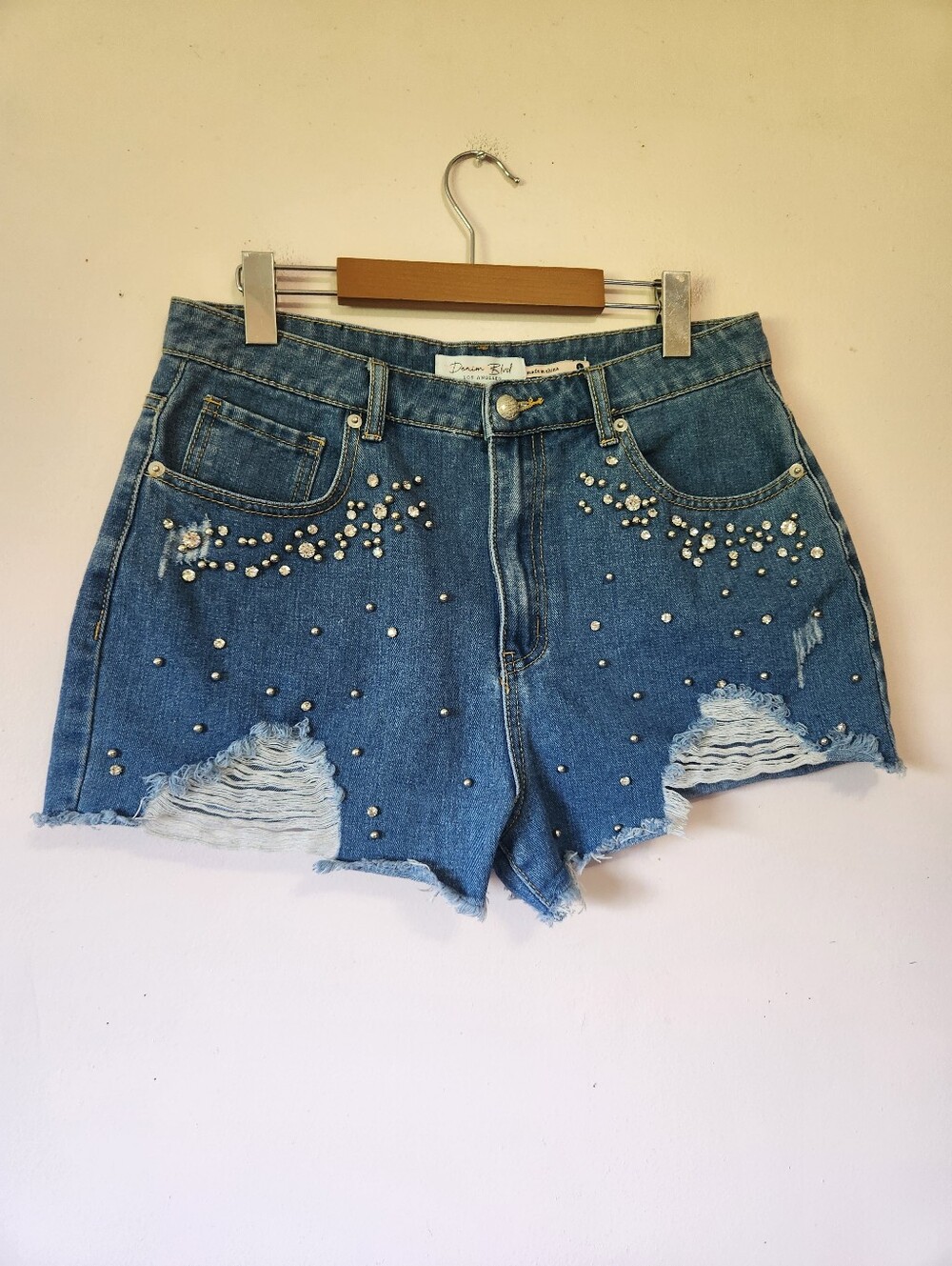 Denim Blvd High Rise Distressed Rhinestone Studded Festival Cutoff Shorts L